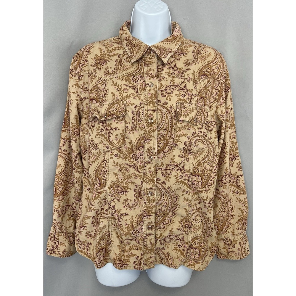 VTG Jones New York Button Front Pearl Snap‎ Shirt Beige Brown Floral Sz 16 Y2K
